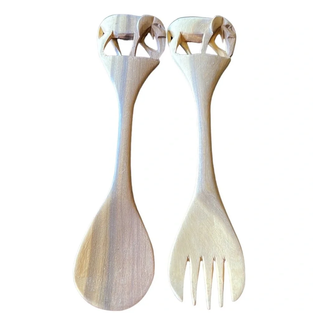 Vintage Small Wooden salad servers carved Elephant design